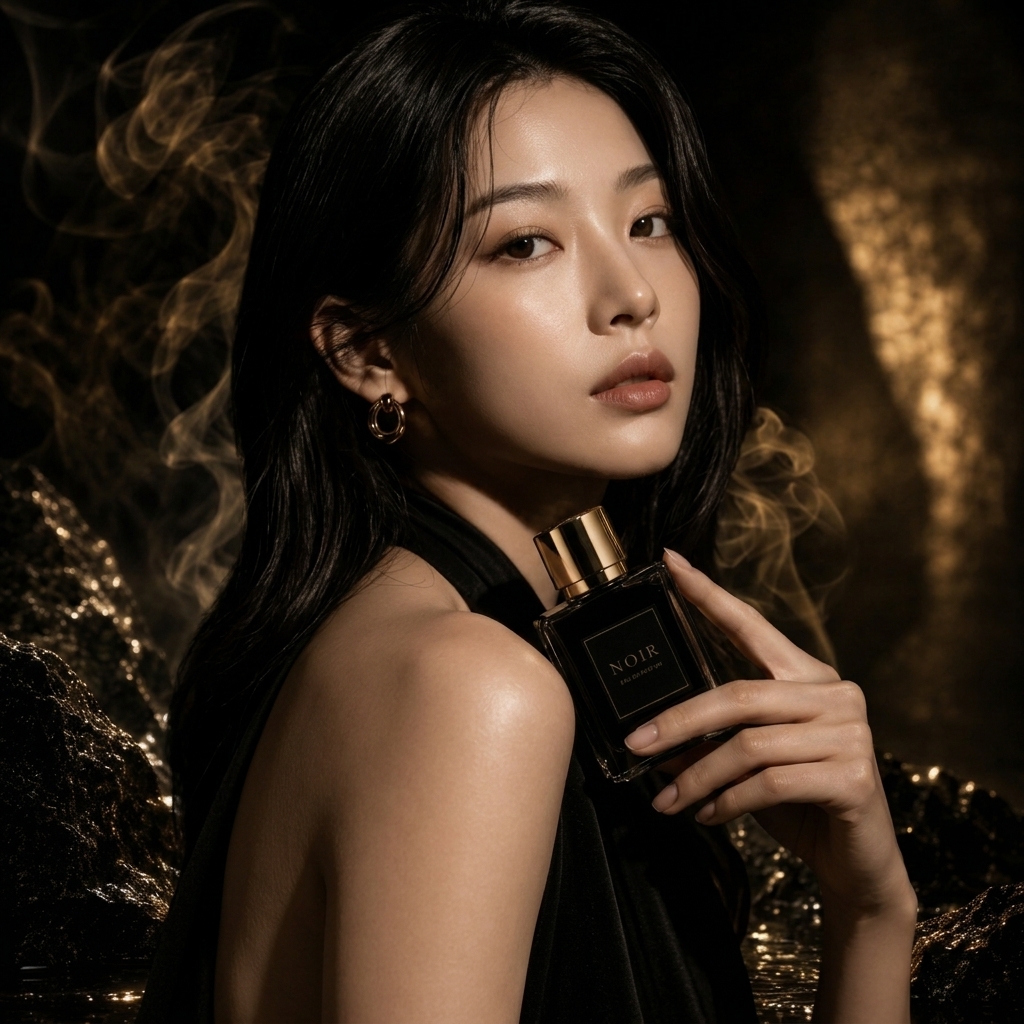 NOIR fragrance campaign portrait in dark gold light
